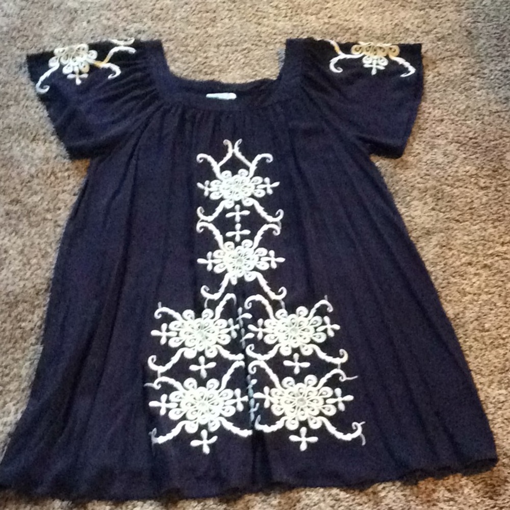 Cute embroidered navy blue flutter sleeve dress